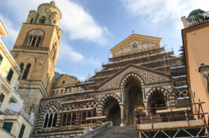 Scaffolding mounted on the facade of the Duomo of Amalfi