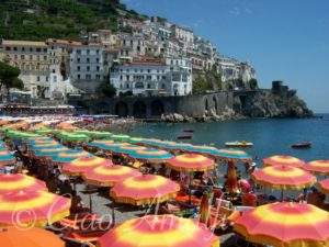 Amalfi Coast Beaches Colourful Sun Umbrellas at the Marina Grande Beach in Amalfi - Horizontal