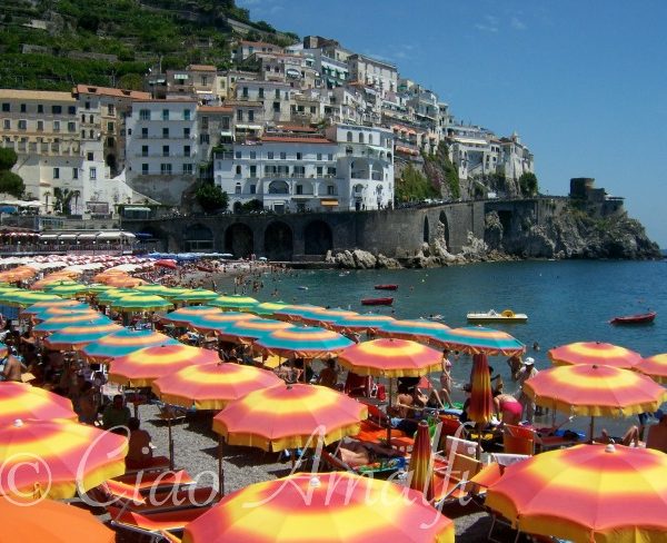 Amalfi Coast Beaches Colourful Sun Umbrellas at the Marina Grande Beach in Amalfi - Horizontal