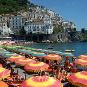 Amalfi Coast Beaches Colourful Sun Umbrellas at the Marina Grande Beach in Amalfi - Horizontal